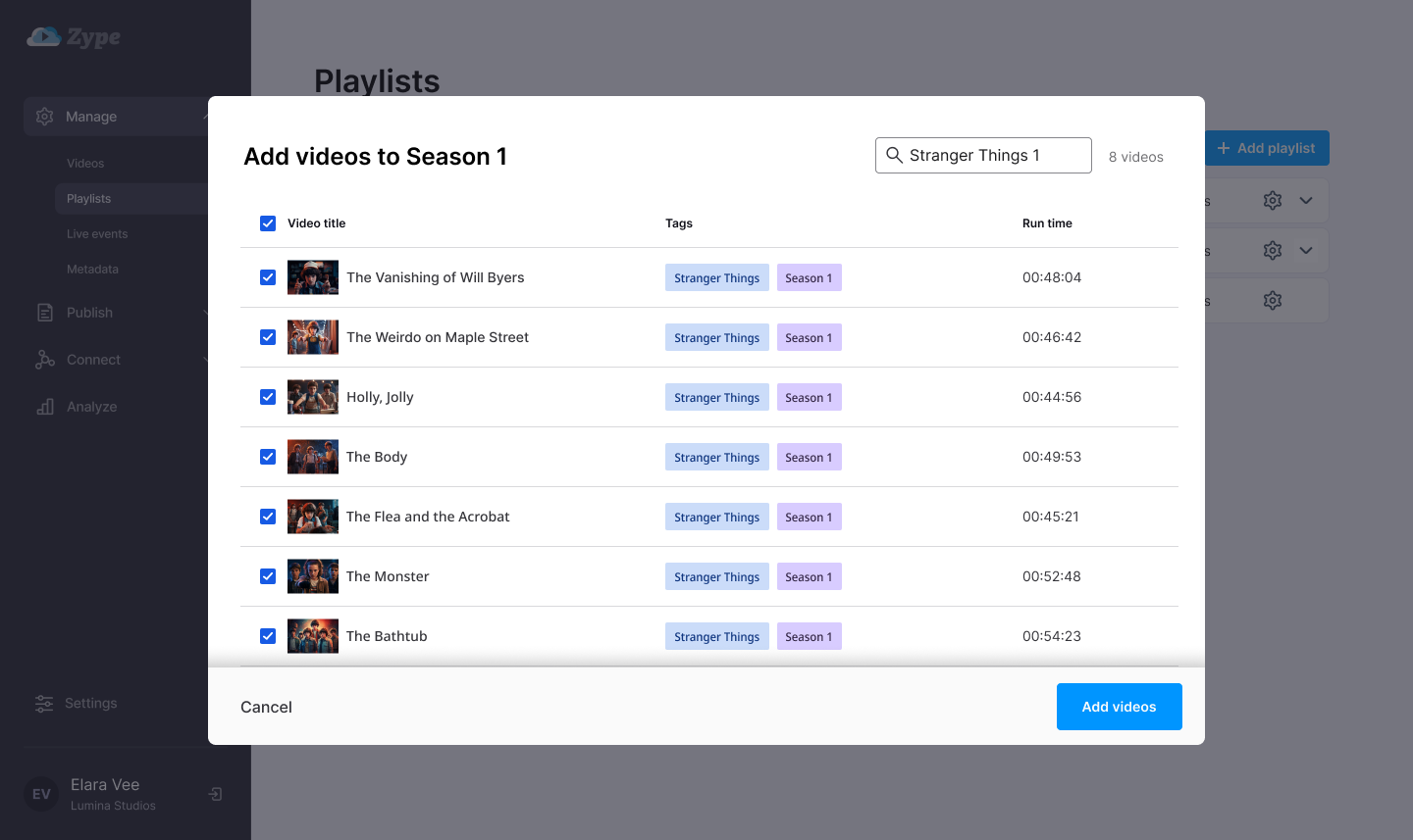High fidelity mock showing a modal popover for a user to bulk add videos to their playlist