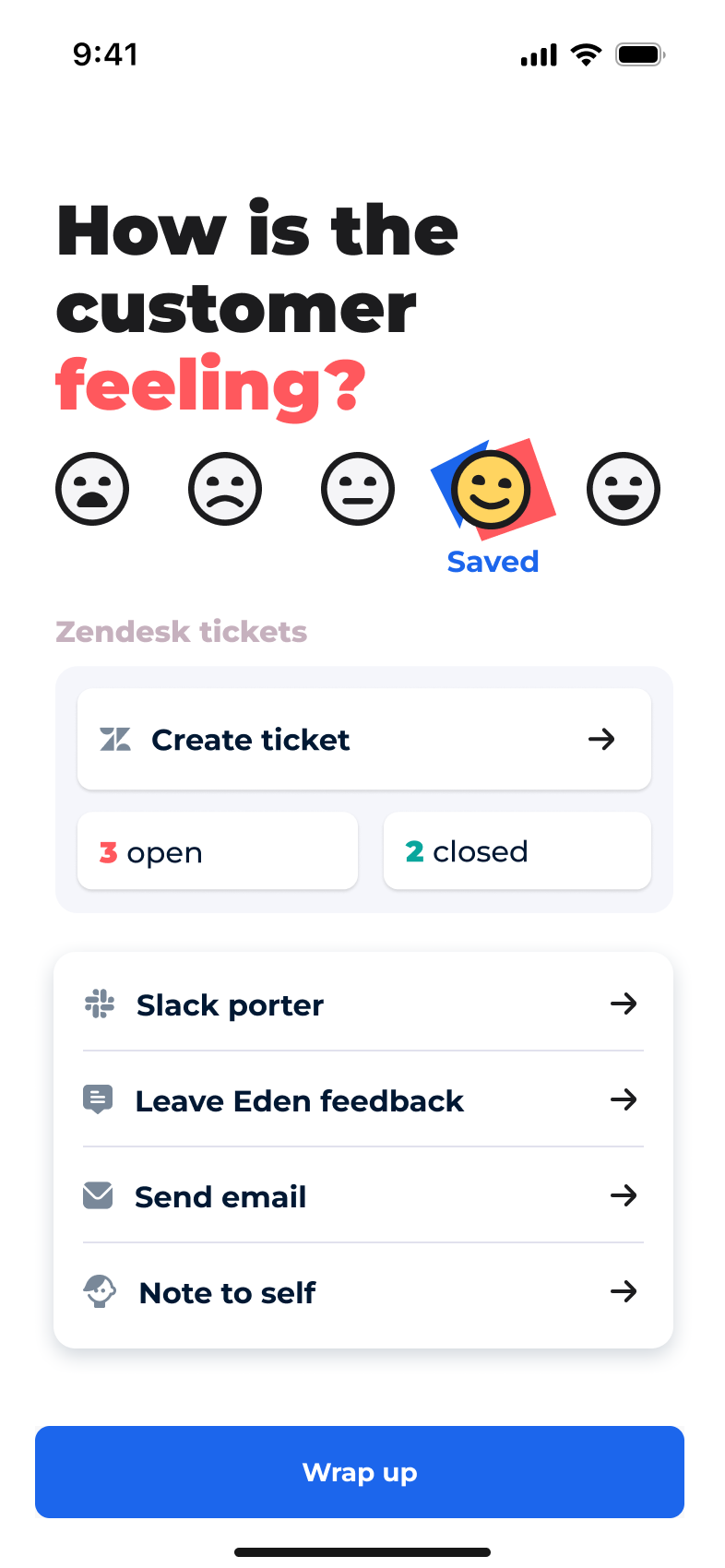 Mobile app screen for Quick Check-in showing customer sentiment selector, ticket counts, and quick actions like Create ticket and Slack porter