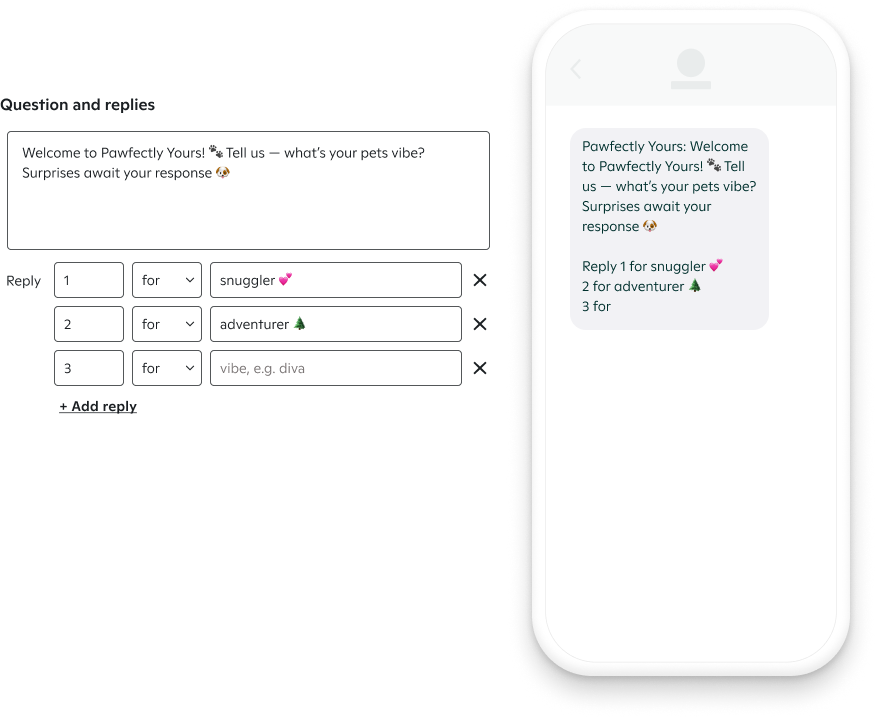 UI mockup showing a conversational text message builder with question and reply configuration, and a real-time phone preview of the subscriber experience
