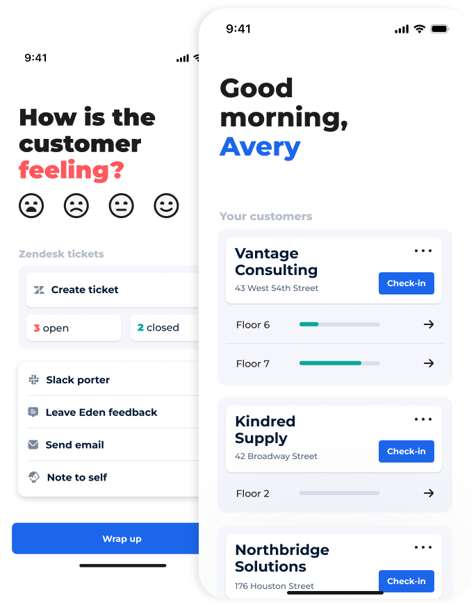Mobile app screens showing Knotel's Quick Check-in and customer Check-in experience