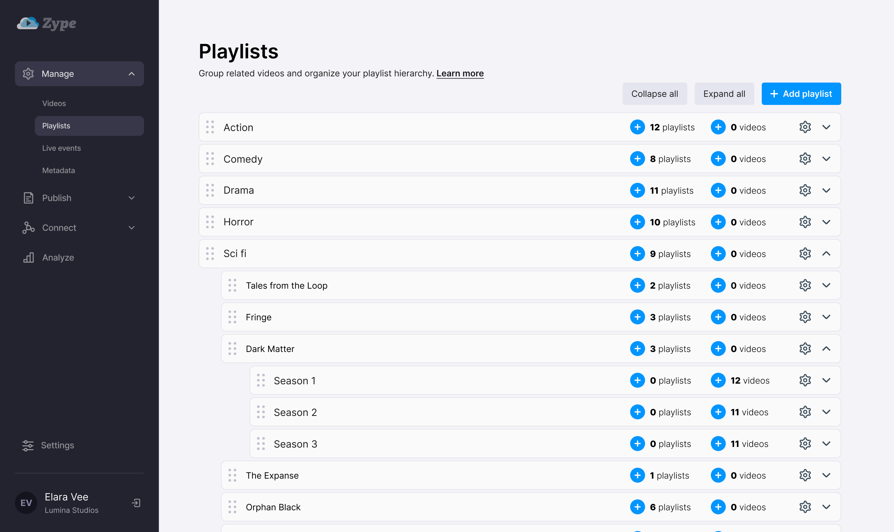 Detailed high fidelity mock showing playlists and videos nested within each other