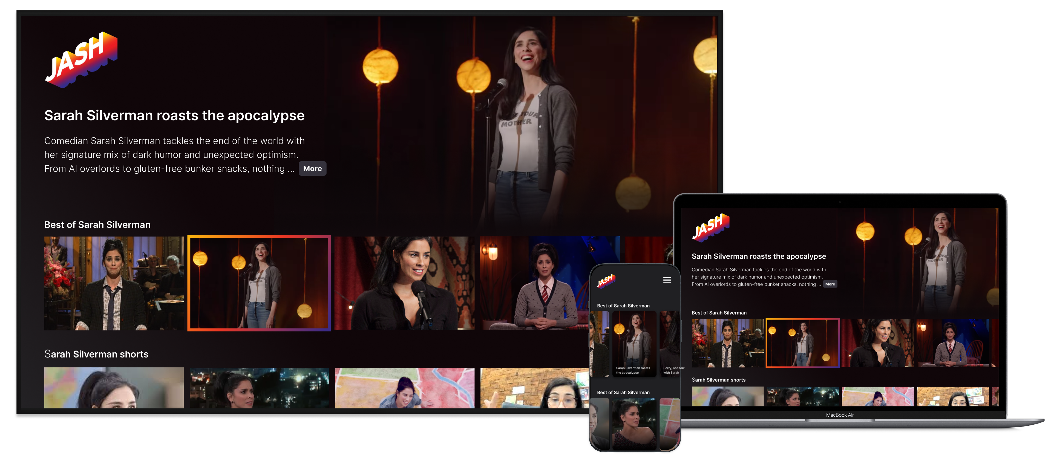 Example of this hierarchy being displayed on a TV app, a laptop, and a mobile app.
