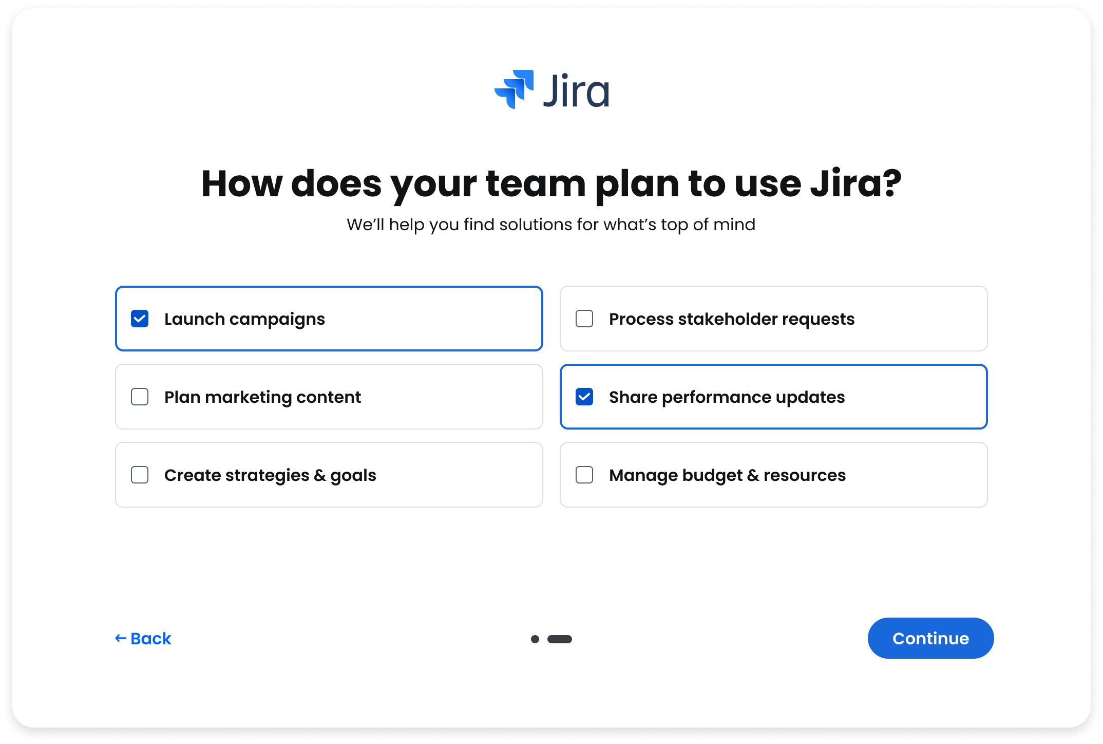 Jira onboarding screen asking how your team plans to use Jira, with selectable use case options